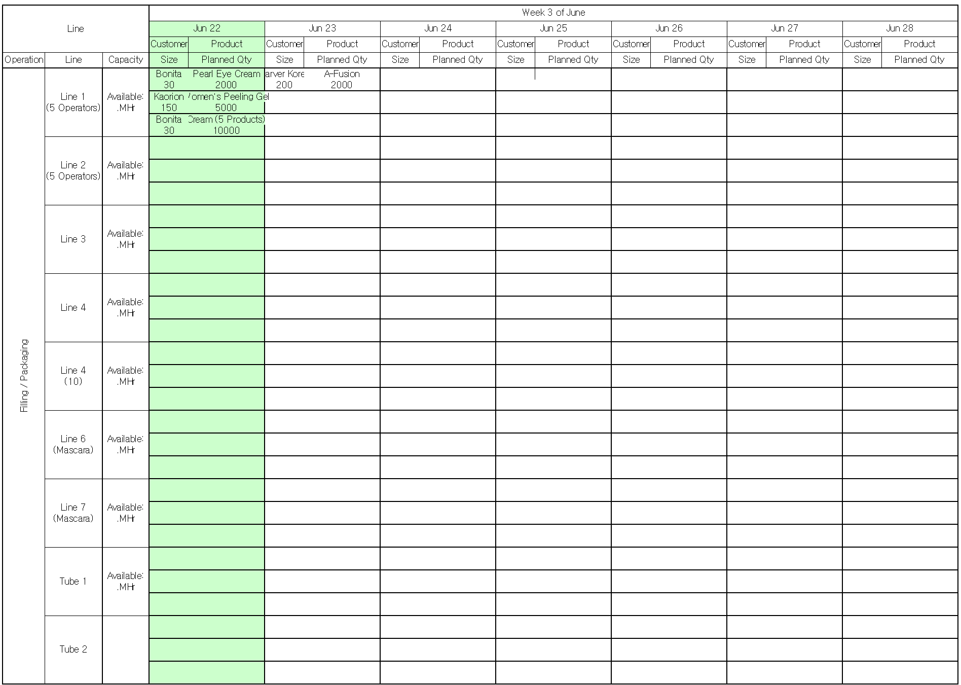 Improved packaging plan form — line numbers and headcount added